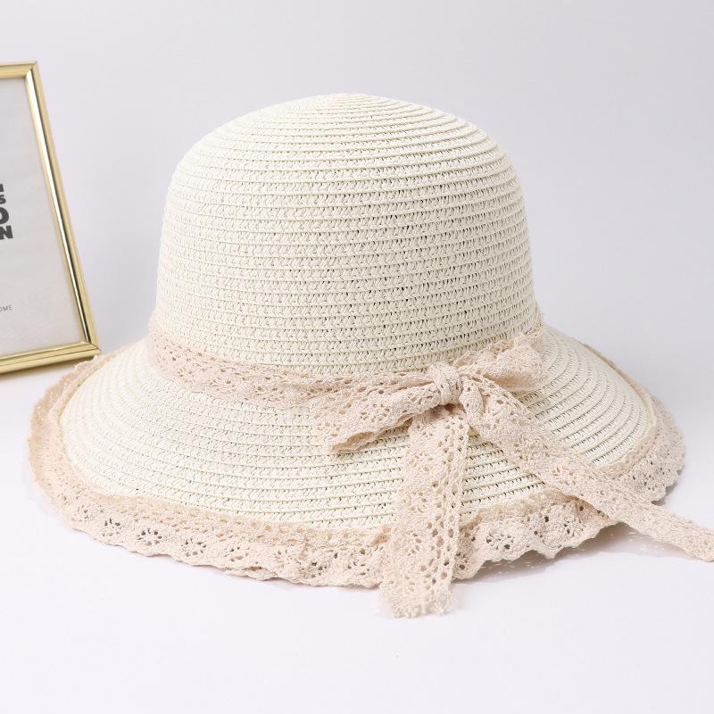 Solid Color Straw Hat for Women Fashion Lace Bow Wide Brim Travel Beach Sunshade Fisherman Cap Girls Outdoor Dome Basin Hat