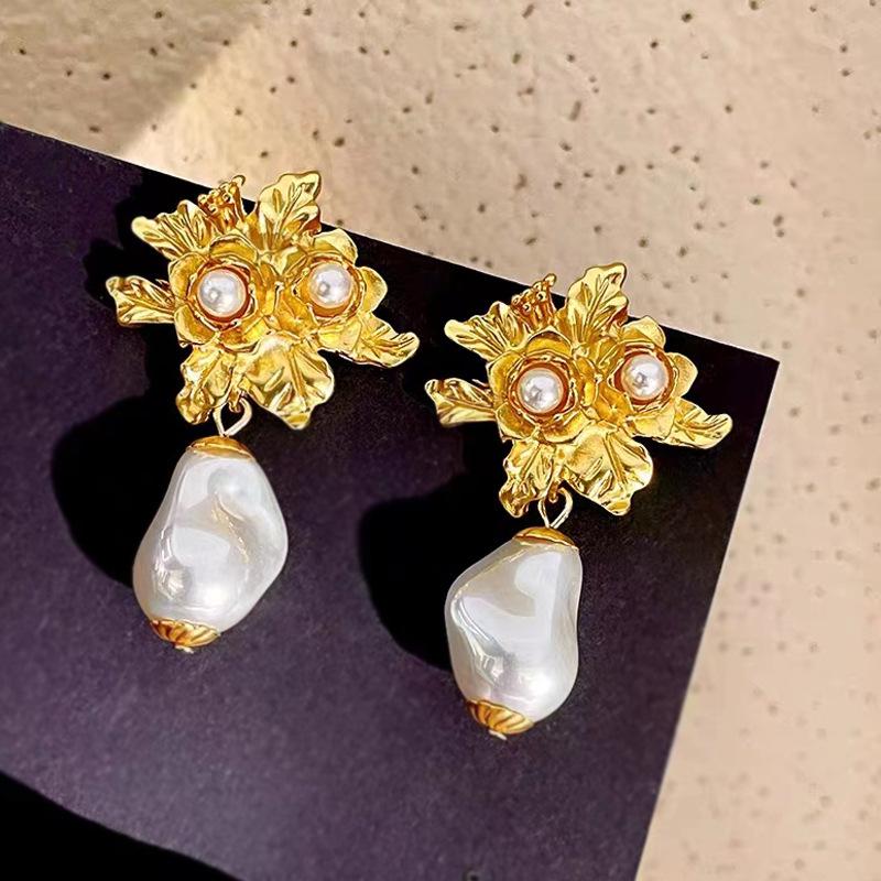 Used Wind Gold Pearl Floral Rose Stud Earrings - Irregular Luxury Design