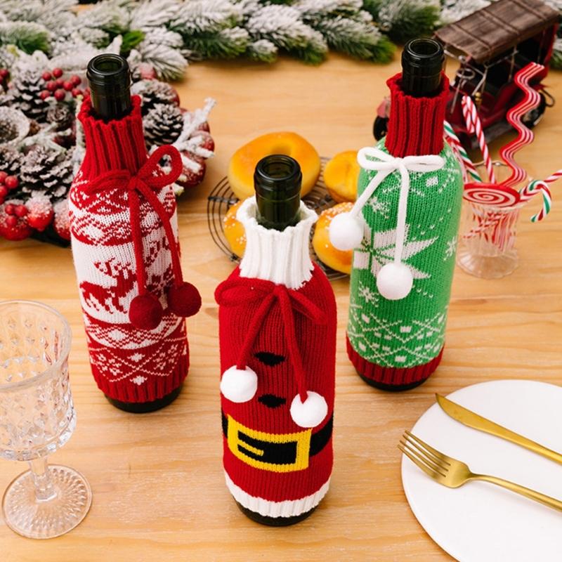 3Piece Festival Snowflake Knits Wine Bottle Sleeves Wine Bottle Cover For Christmas Celebration Festival Wine Dress