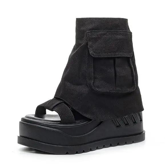

Мода 10СМ Мода Холст Весна Лето Платформа Танкетка Балетки Сандалии Женщины Осень Британский Мотоциклетный Мода Молния Ботильоны Обувь 39 чёрный