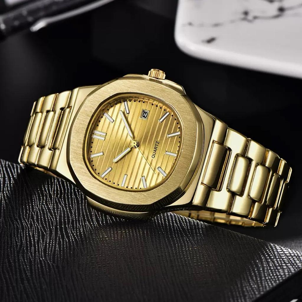 Goldene Herren Markenuhren Mode Freizeit Edelstahlarmband Business Datum Quarz Armbanduhr Relogios Masculinos