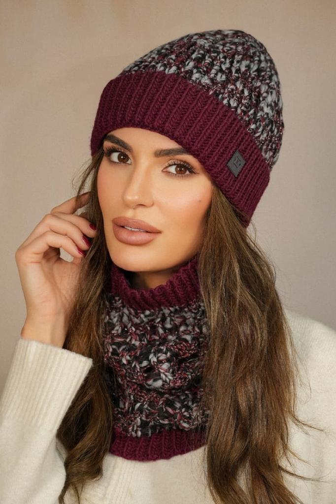 Apricot Winter Set Hat with Snood, Burgundy Color