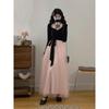 Plus Size French Aristocratic Color Block Patchwork Long Sleeve Dress for Women - Waist Cinched Slimming Long Skirt
