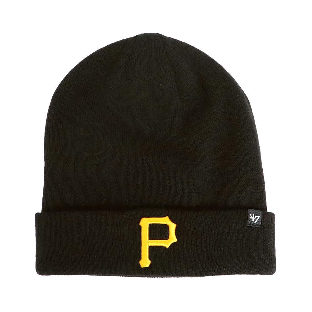 

Size 47 knit and featuring the Major League Baseball by Pittsburgh black with yellow cap, beanie, men s women s, logo, Raised, Pirates, logo.