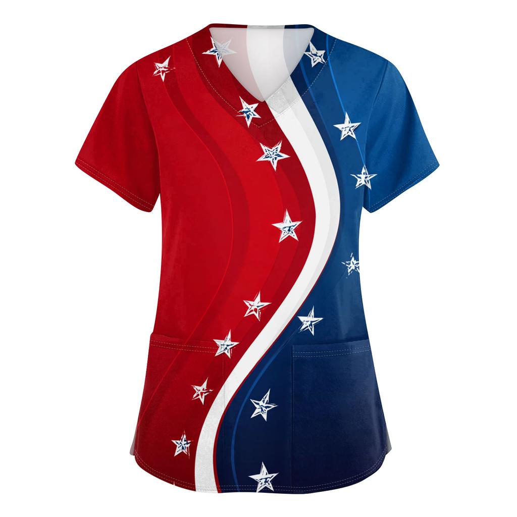 Women's V-neck Independence Day Print Short-sleeved Pocket Side-opening Protective Work Shirt
