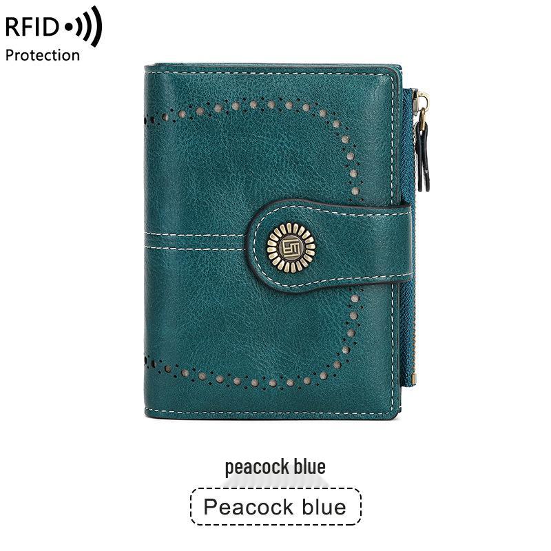 2023 RFID Women's Oil Wax Leather Wallet: Short Card Holder with Coin Purse and Fashion Buckle Zipper.