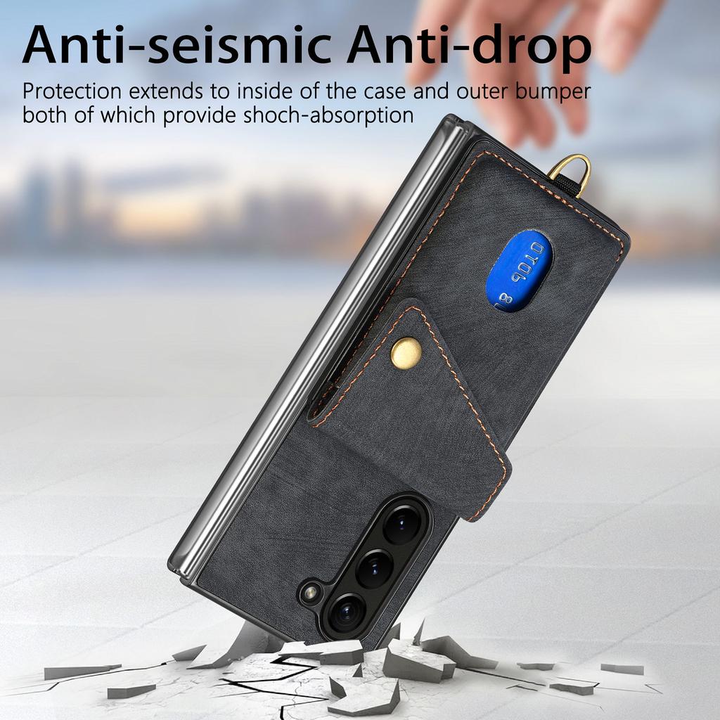 D1 For Samsung Galaxy Z Fold6 5G Case Kickstand Card Bag Leather+PC Phone Cover with Strap