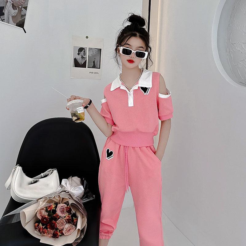 2 Piece Set Girls Summer Loose Short Sleeve T-Shirt Casual Shorts Sports Print Letter Casual Suit Large Size Short Pajamas