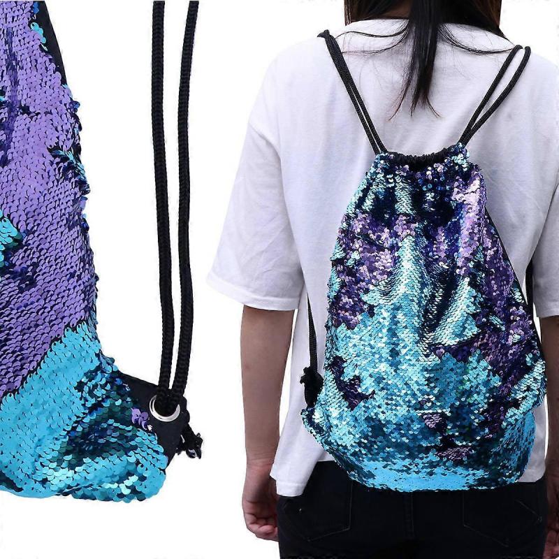 Mermaid Drawstring Backpack Fashionable Design For School Work Blue Square Shape 1Pcs