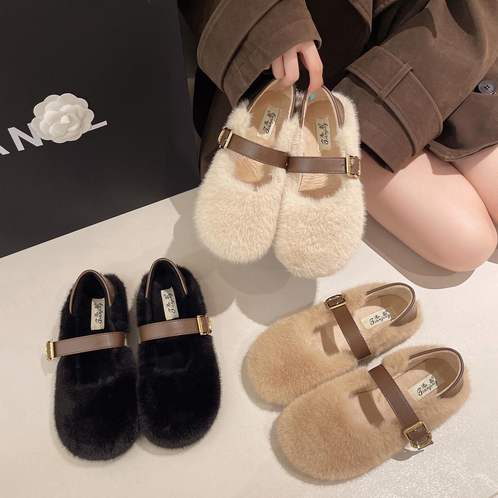 French fluffy shoes for women's outer wear 2025 autumn and winter new one-pedal plush Mary Jane Doudou single shoes cotton shoes