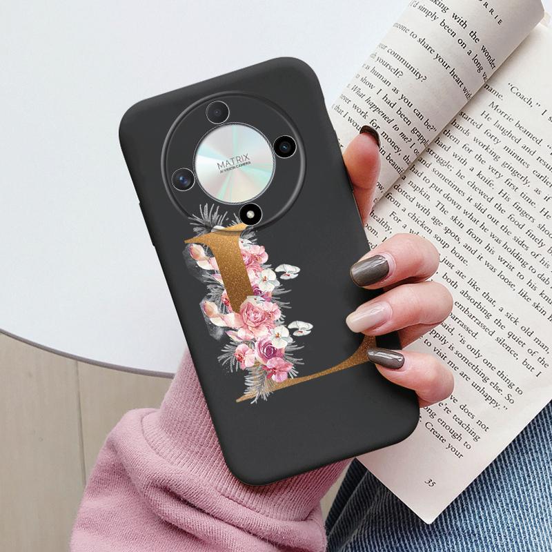 Buchstaben-Handyhülle für Honor X9b X9a Magic5 Lite Magic6 Lite 5G Hülle Retro-Blumen Rosa Schwarz Weiches TPU Initialen Silikon Fundas