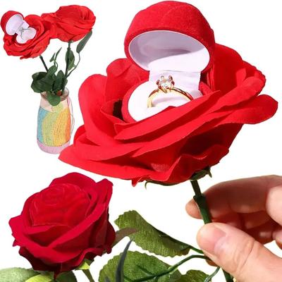 Red Flower Stem Romantic Wedding Ring Holder Velvet Engagement Rings Box Jewelry Box  Wedding
