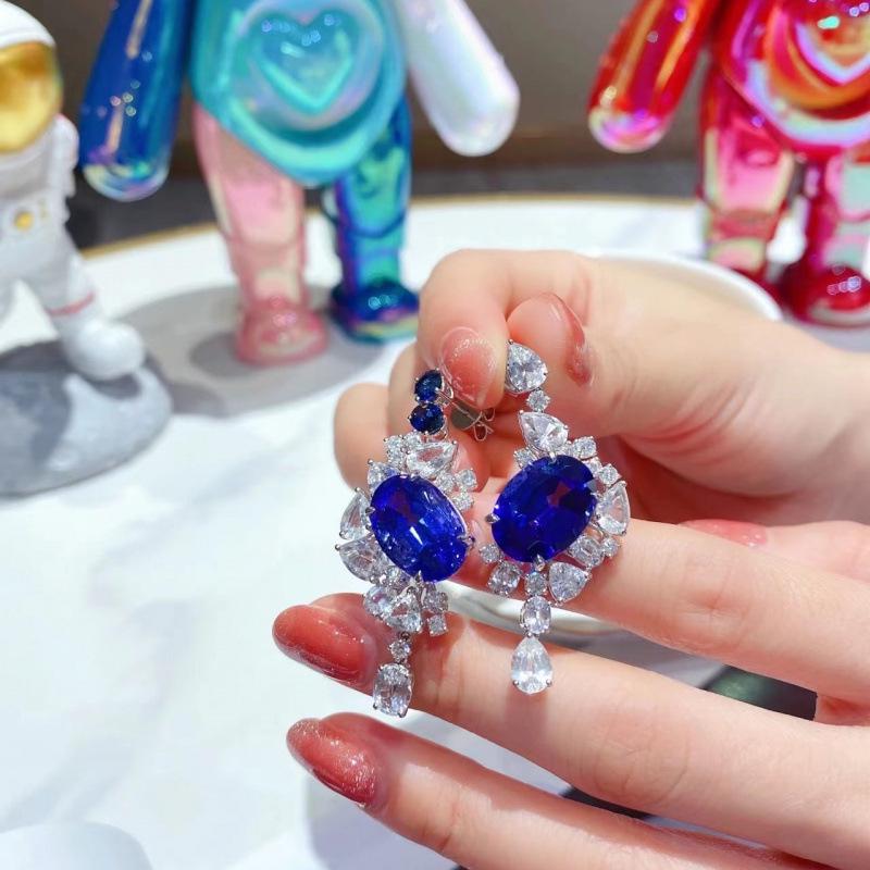 High-end Irregular Sapphire Stud Earrings for Women: French Minimalist Style with Cubic Zirconia