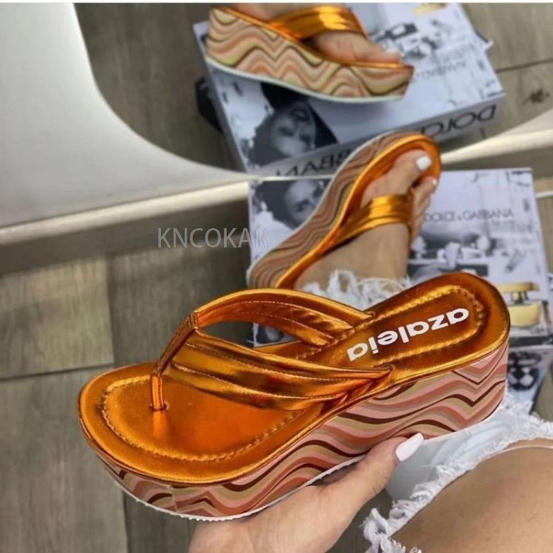 Damen Keilabsatz Plateau Hausschuhe 2025 Sommer Mode Farbe Dicke Sohle Zehentrenner Schuhe Damen Luxus Sandalen