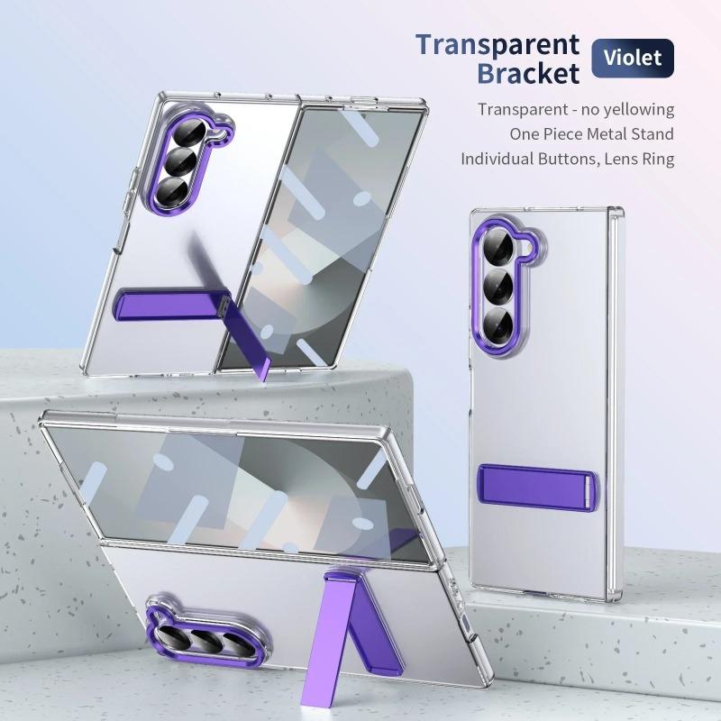 Luxury High Definition Transparent Phone Case for Samsung Galaxy Z Fold 7 6 5 4 Metal Holder Stand Screen Protector Shockproof Back Protect Cover