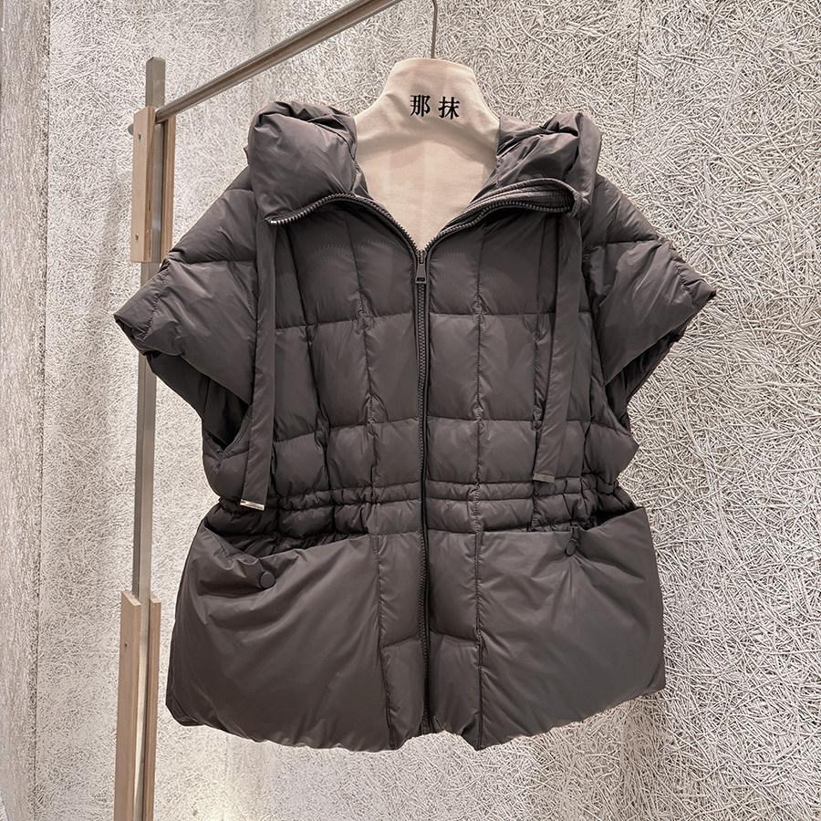 Autumn and winter short-sleeved down vest women's winter clothing new casual hooded white duck down inner drawstring waist jacket tide