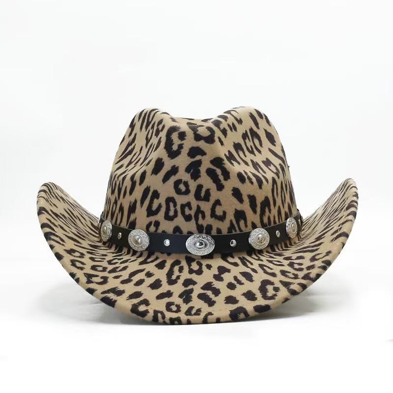 Chapeau de cowboy imprimé léopard mode Chapeau de cow-boy western extérieur grande tête Automne et Hiver Casquette jazz Chapeaux hauts en feutre rétro français britannique