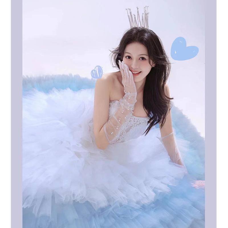 Blue tube top wedding dress sweet fashion super fairy male style light luxury outdoor fluffy yarn
