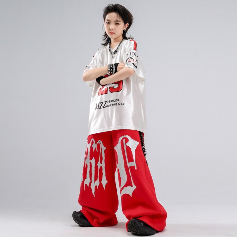 Kids Hip Hop Dance Outfit Set - White Short Sleeve Top Red Pants Boys Girls Stage Performance