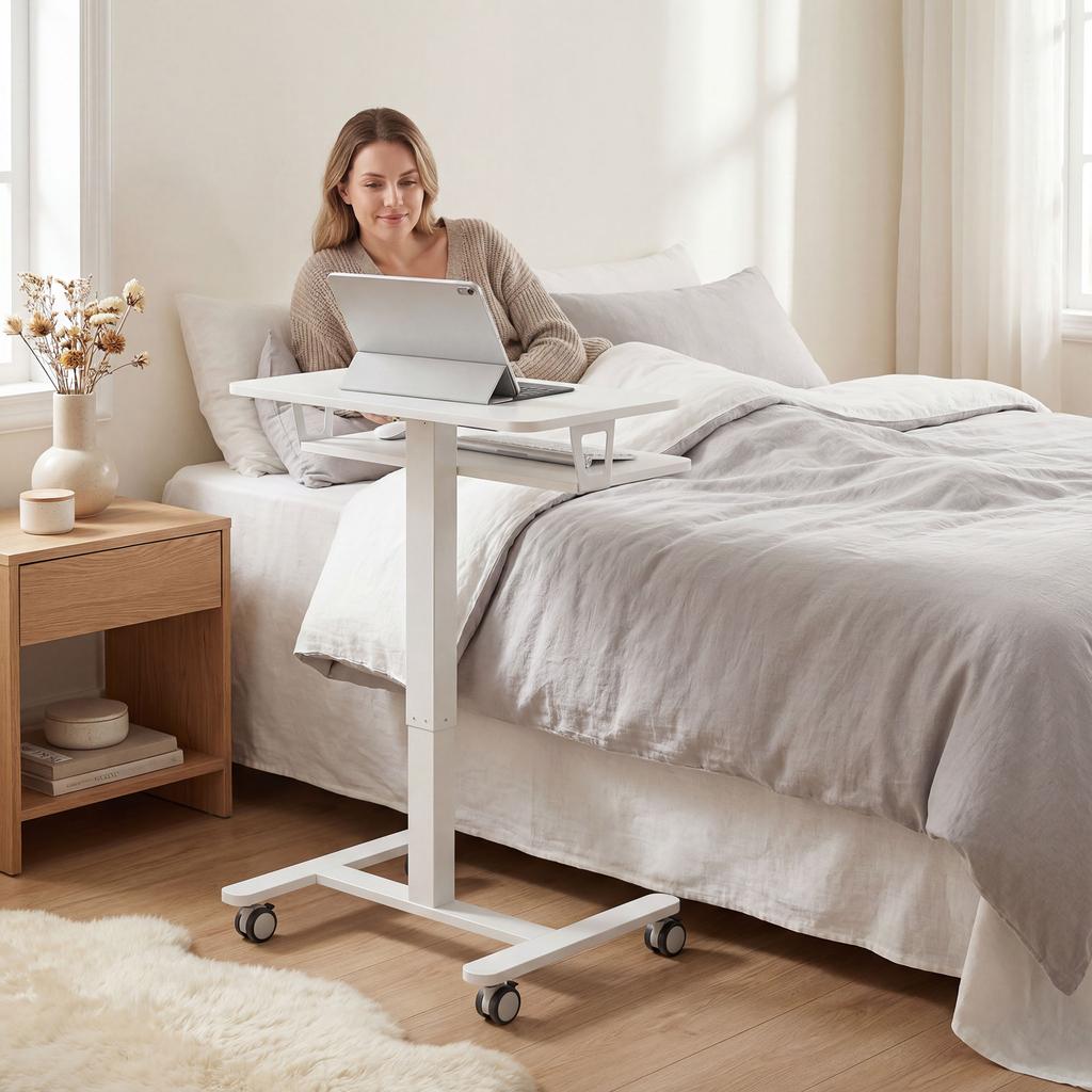 Height-Adjustable Standing Desk, Rolling Sit-Stand Desk with Keyboard Tray, Casters and Steel Frame, White