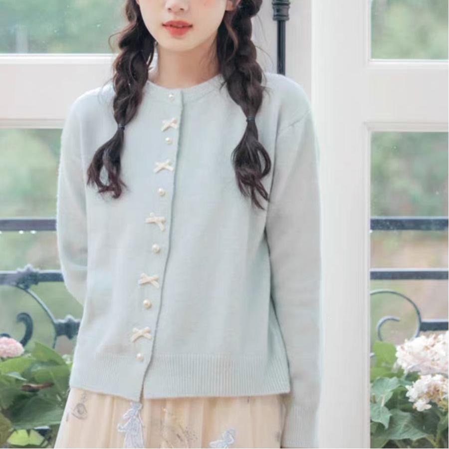 Pearl Button Bow Knot Sweater - Women's High-End Light Yellow Knit Cardigan