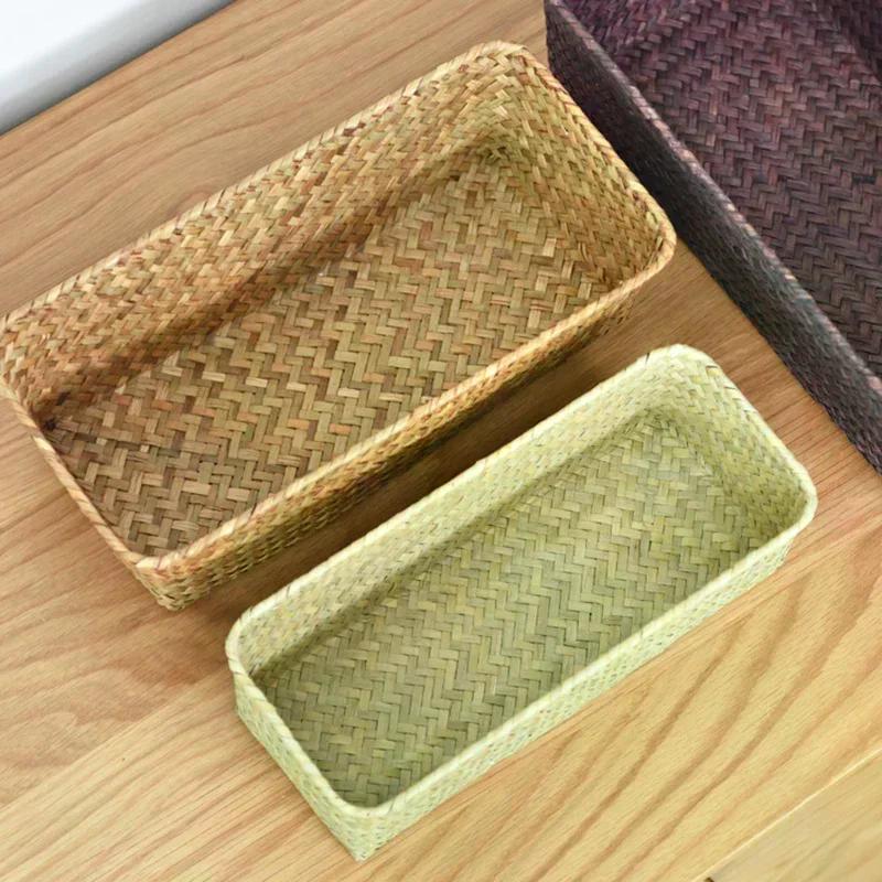 Handmade Woven Seagrass Storage Basket Desktop Straw Rattan Organzier Picnic Storage Box Desk Cosmetic Fruit Sundries Container