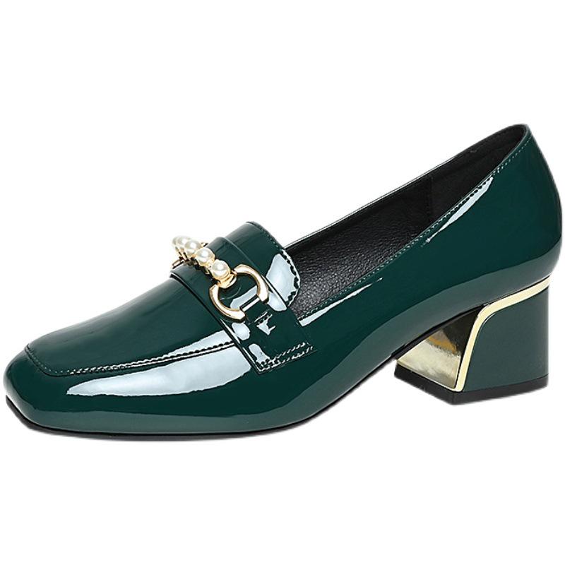 Women's Korean Style Soft Green Patent Leather Thick Heel Shoes - Comfortable, Non-Slip, Large Size.