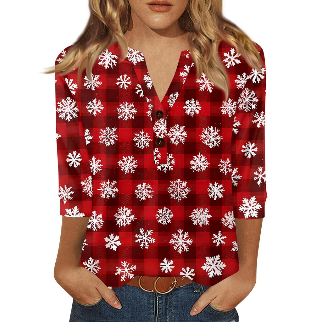 Women's T Shirt Christmas Print Button 3/4 Sleeve Daily Weekend Fashion Basic V- Neck Regular Top