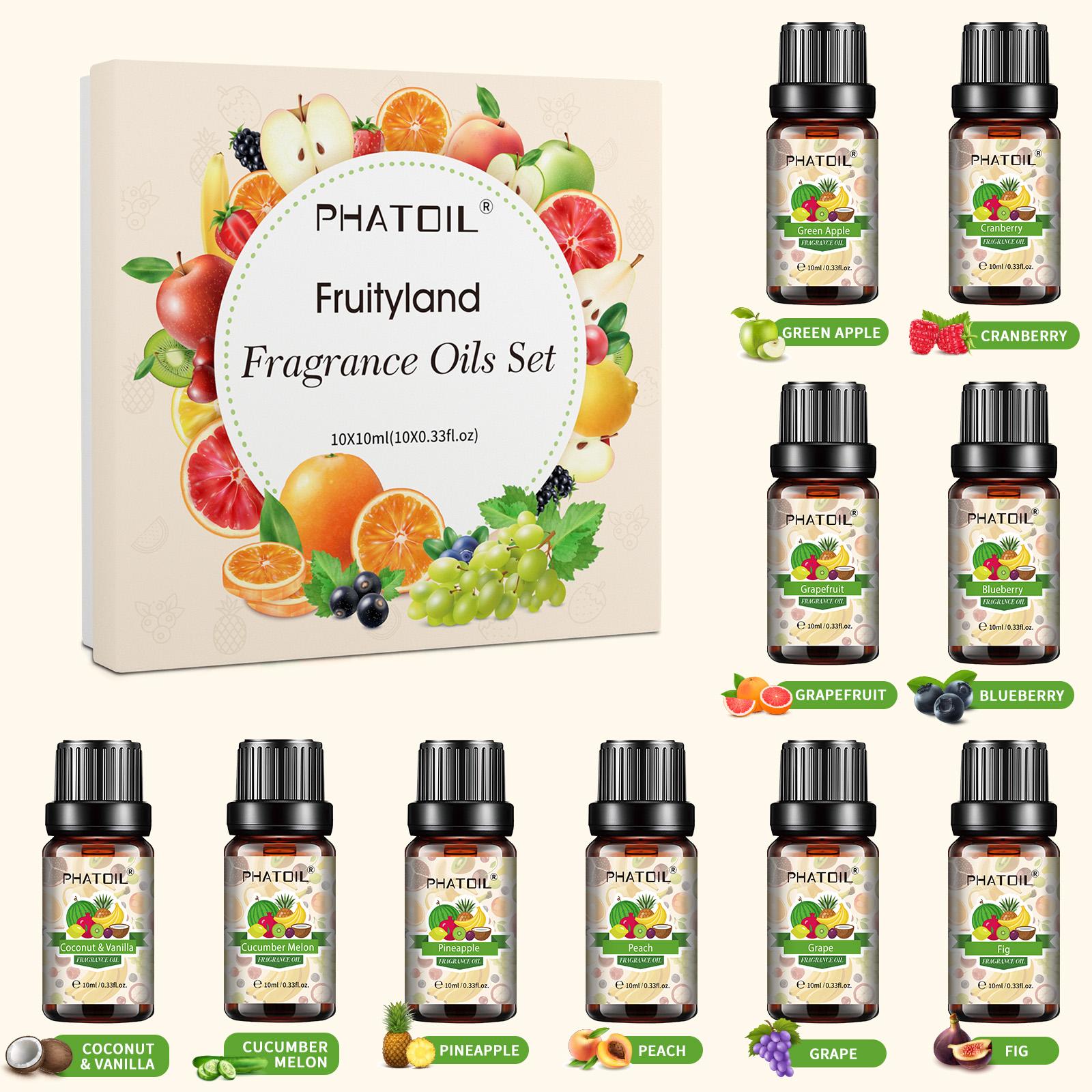 

PHATOIL 10 шт. Подарочный набор фруктовых ароматических масел идеально подходит для ухода за кожей, массажа, релаксации, изготовления мыльных свечей своими руками, идеально подходит для диффузора для домашнего офиса Fruityland