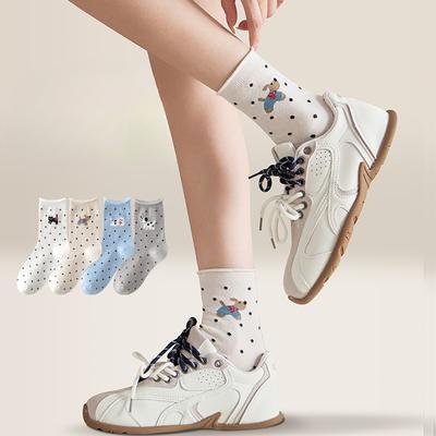 Chaussettes Fines Printemps et Automne, Chaussettes Mi-mollet Mignonnes Animaux Dessinés, Chaussettes à Pois Relevées, Chaussettes Longues Style Scolaire