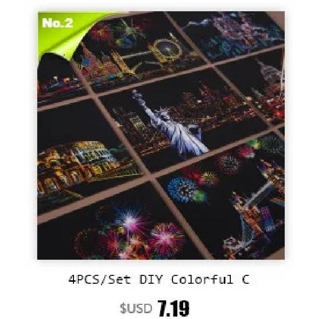 DIY 4PCS/Set A3 Colorful City Night Scenery Landscape Laser Scratch Painting With Tool Landmark Scratch Art Room Decor Gift