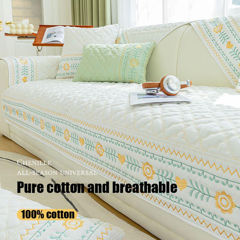 Broderi Sofatrekk 100% Bomull Stuesofa Pute Sklisikker Ensfarget Stoff Universalt Putetrekk Sofatrekk