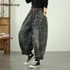 Vintage Style Plus Size Spring Autumn Women Baggy Jeans High Waist Drawstring Retro Floral Print Baggy Jeans Streetwear Stylish Harem Jeans