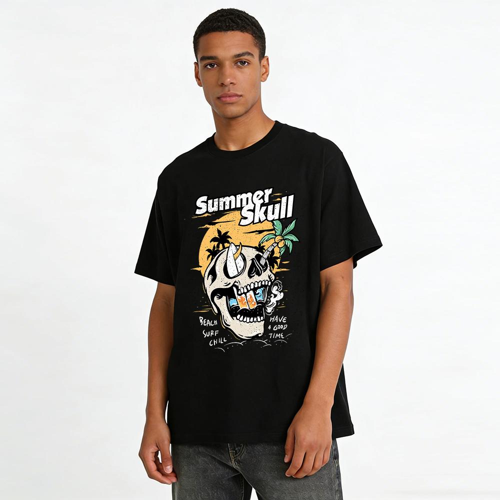 Summer Skull Surf Coconut Tree Graphic Casual Tee Pure Cotton T-shirt