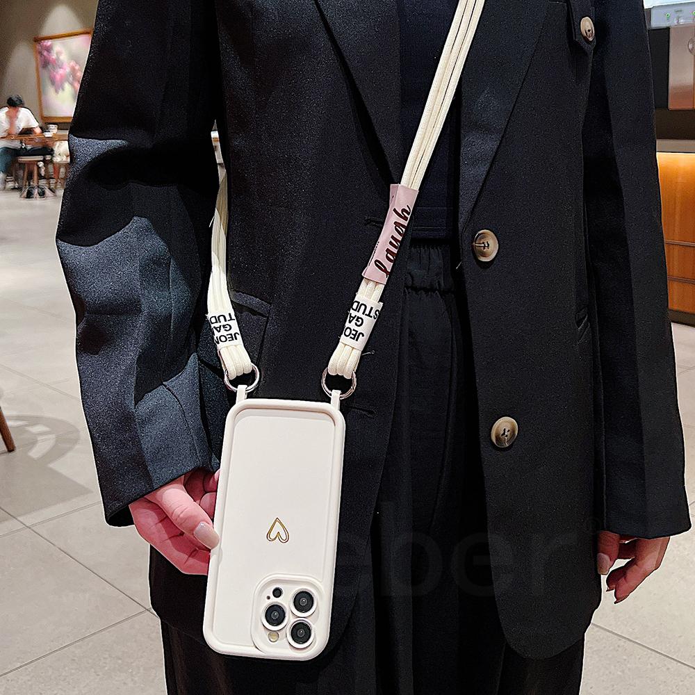 Cute Heart Crossbody Lanyard Liquid Silicone Soft Case For iPhone 17 16 15 Pro Max 14 13 12 11 XR 8 Plus Necklace Strap Cover