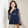 Women's Spring New Fashion Check Fake Two High Grade Loose Long Sleeved Top