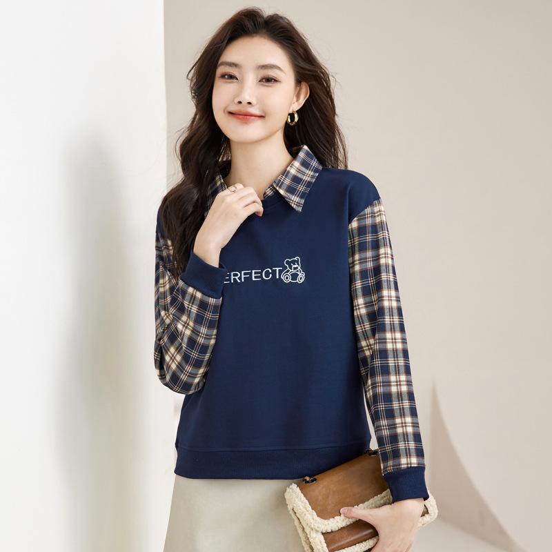 Women's Spring New Fashion Check Fake Two High Grade Loose Long Sleeved Top