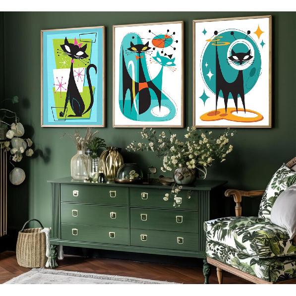 3pcs Funny Abstract Cat Canvas Wall Art Whimsical Futuristic Atomic Cats Posters Prints Modern Medieval Geometry Wall Decor Pictures for Living Room