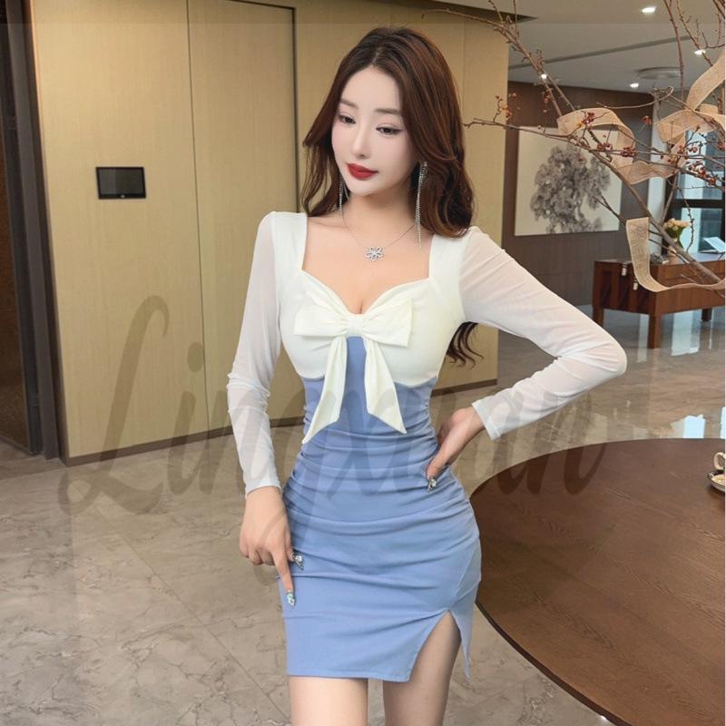

Elegant French Bow Dress - Slimming, Contrasting Color, Long Sleeve, High Waist, Hip-Hugging Short Skirt Medium синий