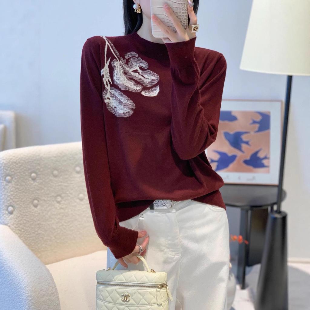 Autumn/Winter Women's Merino Wool Sweater - Long Sleeve Jacquard Top