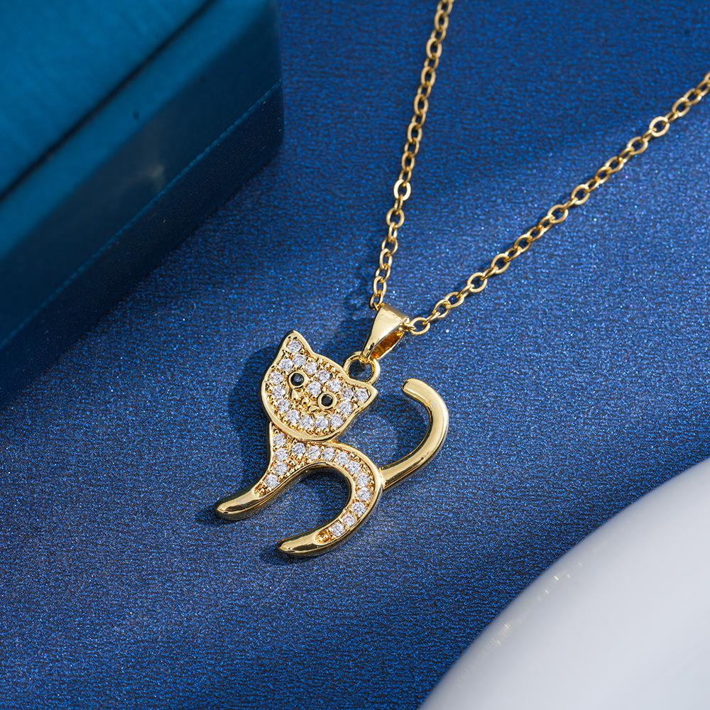 Cute Cat Light Luxury Full Diamond Titanium Steel Necklace for Women