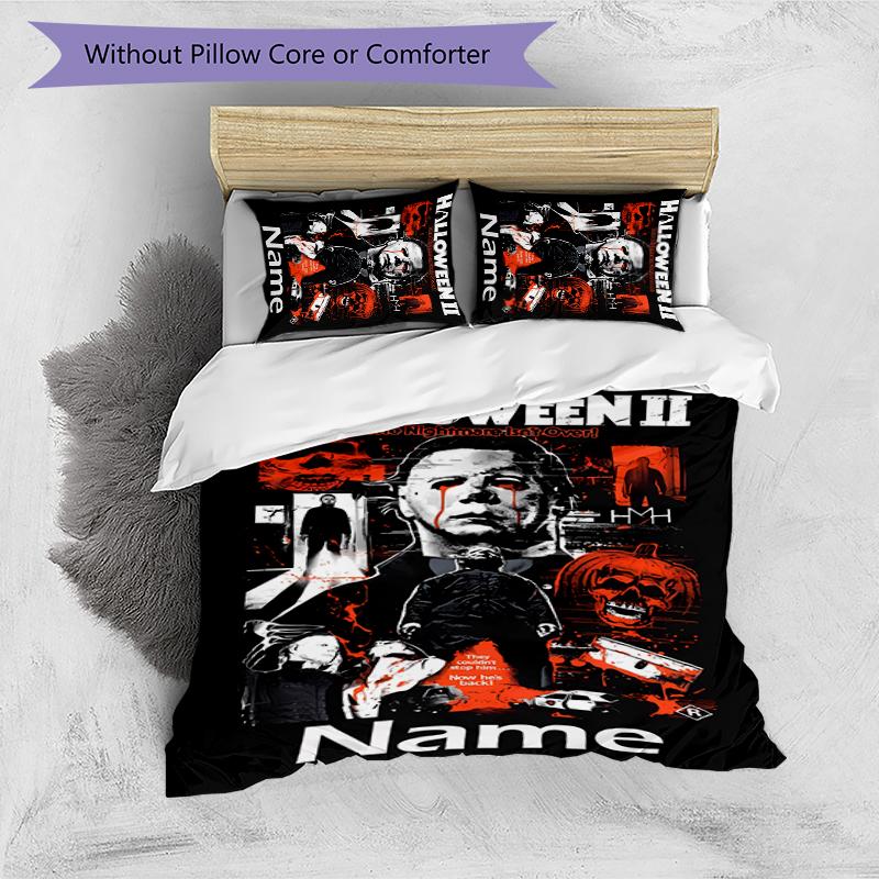 3pcs Custom Name Cartoon Michael Myers Bedding Set Duvet Cover Closure Includes 1 Duvet Cover & 2 Pillowcases for All Seasons Bedroom Decor