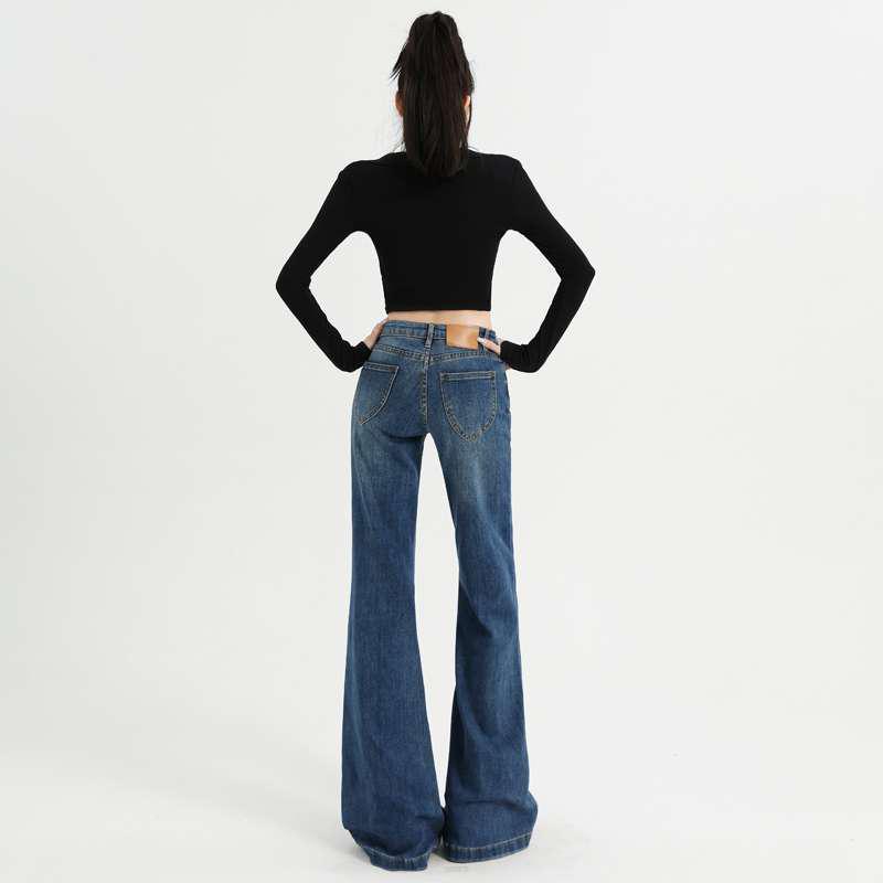 Retro Blue Spicy Girl Low-Rise Micro Flare Jeans: Women's American Style Stretchy Slimming Floor-Length Pants