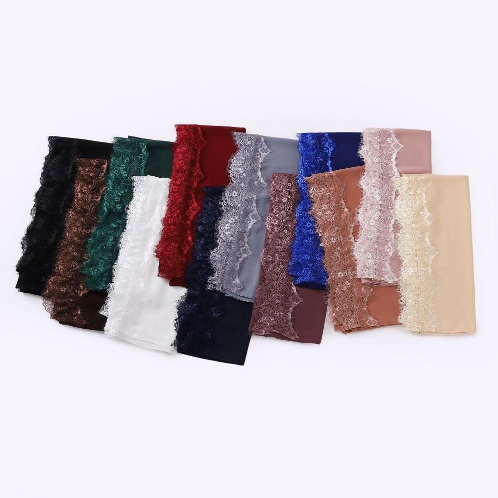 Lace Edge Silk Scarf Solid Color Ramadan Headscarf Versatile Sunscreen Shawl  Women Headwear