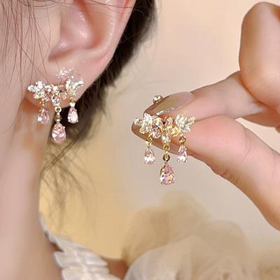Korean Pink Flower Shape Crystal Stud Earrings For Women Romantic Ear Jewelry Wedding Gift