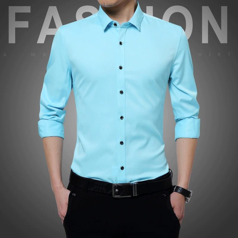 

Men s Spring Long-sleeved Slim Shirt Youth Elastic Business Commuting Shirt 5XL небо синє кольору