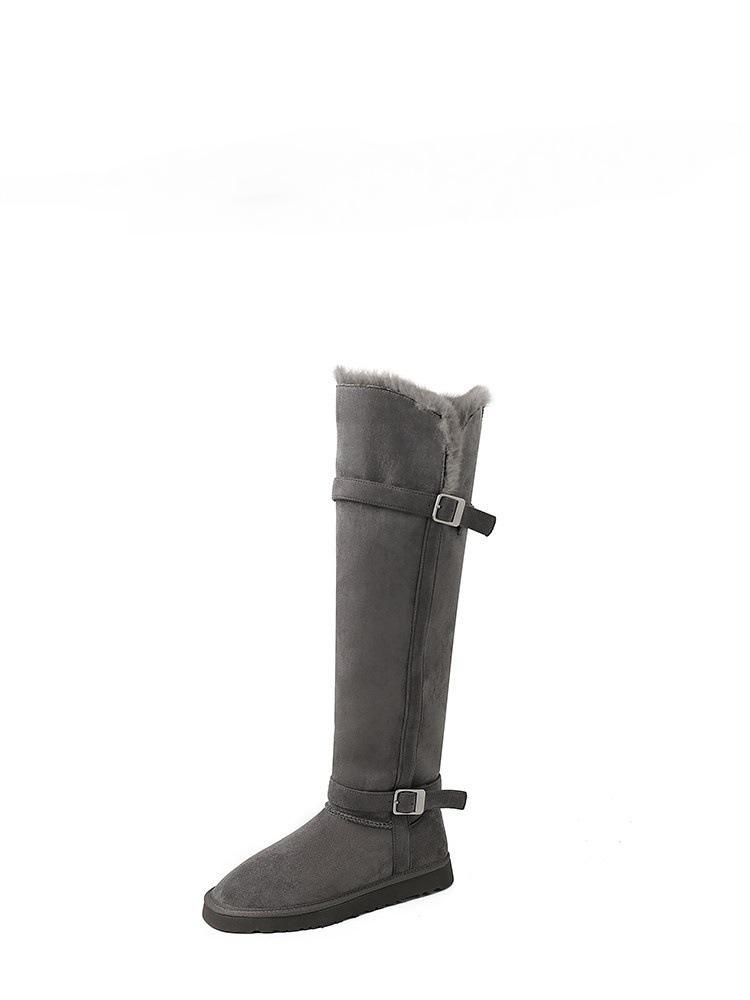 Thick-soled two-wear buckle belt, tall gray snow boots, non-slip and warm, knee-length Northeast cotton boots