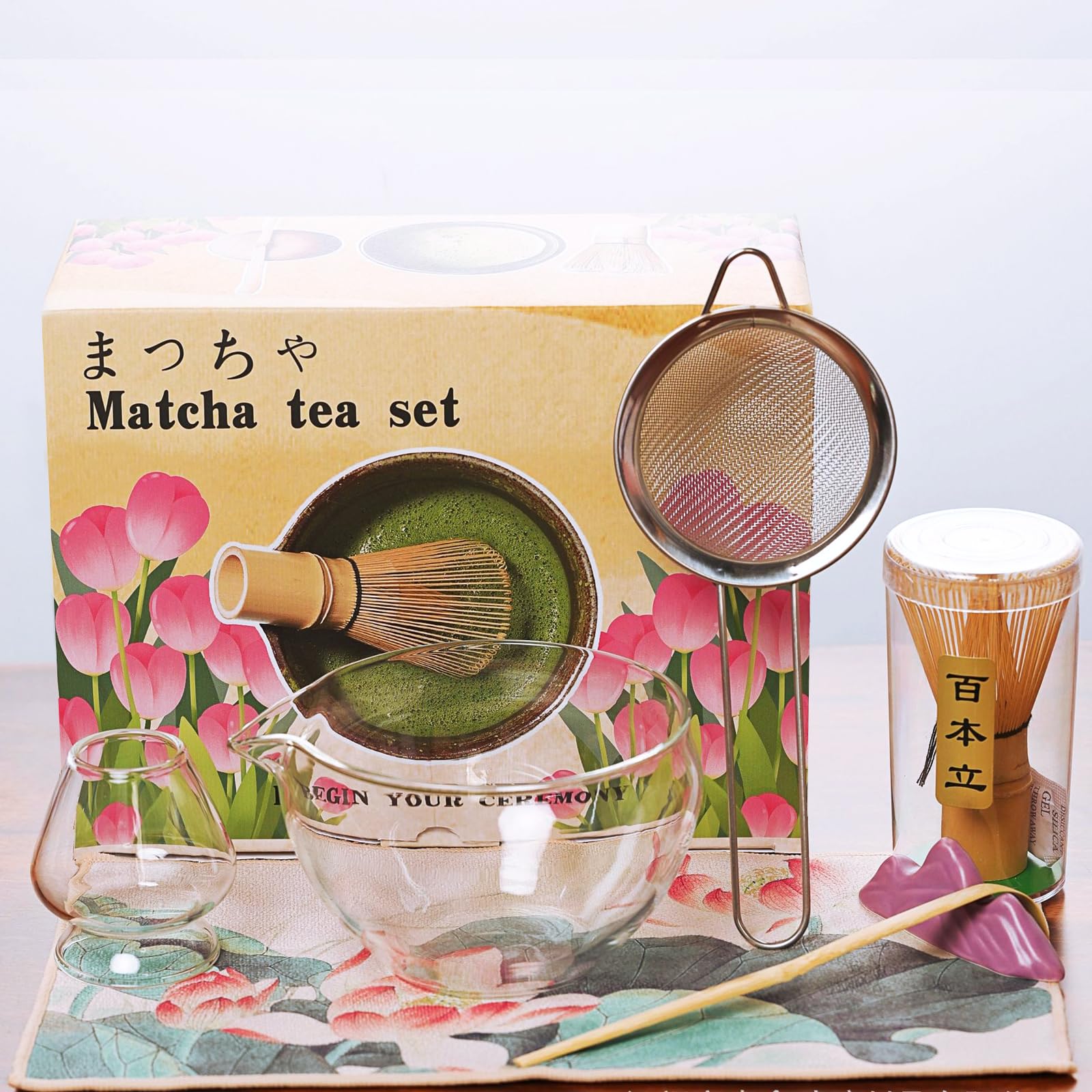 

Набор для матча MiniMood из 7 предметов, термостойкая стеклянная чаша для матча, бамбуковый часен и чашаку (Чайная ложка), Подставка для часена, Подставка для чашаку, Нержавеющая сталь