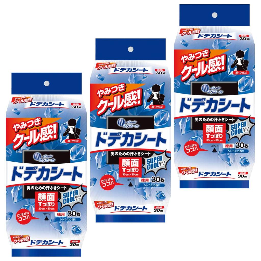 Eliel Sweat Wiping Sheets Large Size Dodeka Sheet MEN Super Cool Type 90 (30 X 3 Packs) Refreshing Citrus Scent