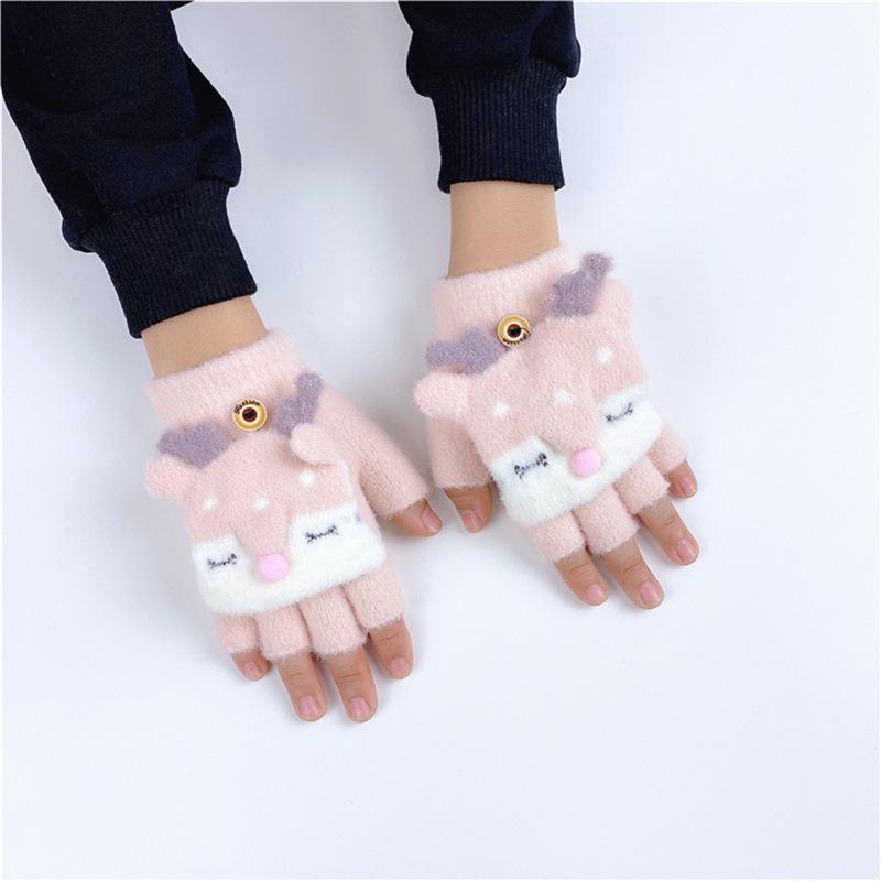 Children's Winter Warm Reindeer Flip-top Fingerless Gloves for Ages 4-10